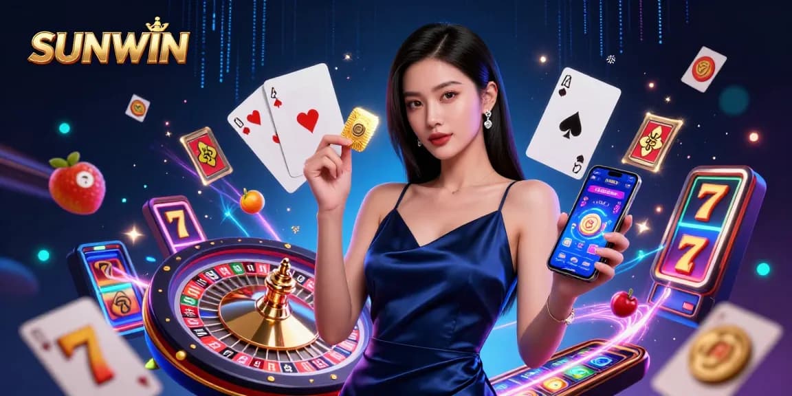 SUNWIN players engaging with a dynamic casino experience, showcasing an Asian woman holding a smartphone and golden chip.