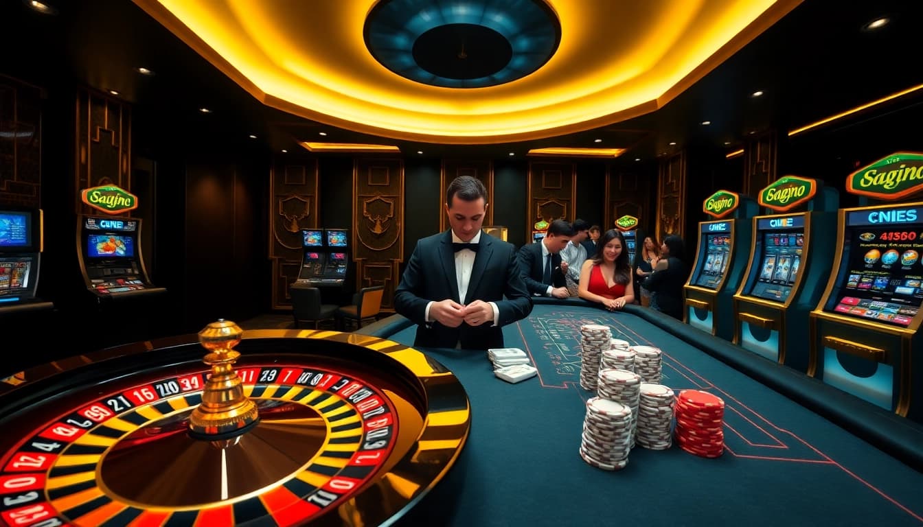 Experience the excitement of gambling at https://sky88sa.com/ with a high-stakes casino scene featuring roulette and poker.