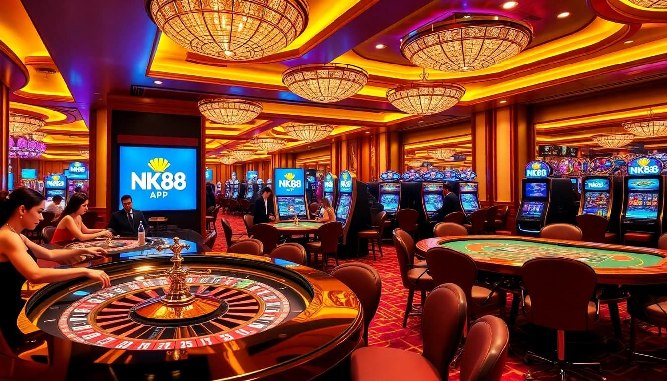 Players enjoying games at a casino featuring the NK88 APP, with vibrant poker chips and thrilling excitement in the air.