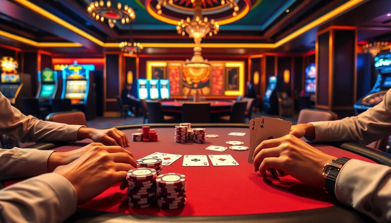 Engaged players at the 77ball com poker table immersed in a thrilling game, showcasing strategic gambling excitement.