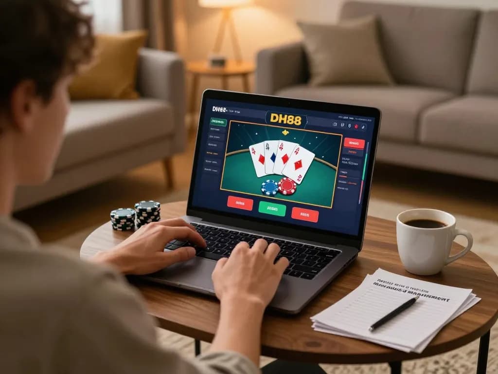Player enjoying poker at home with DH88's interface, showcasing responsible gaming.