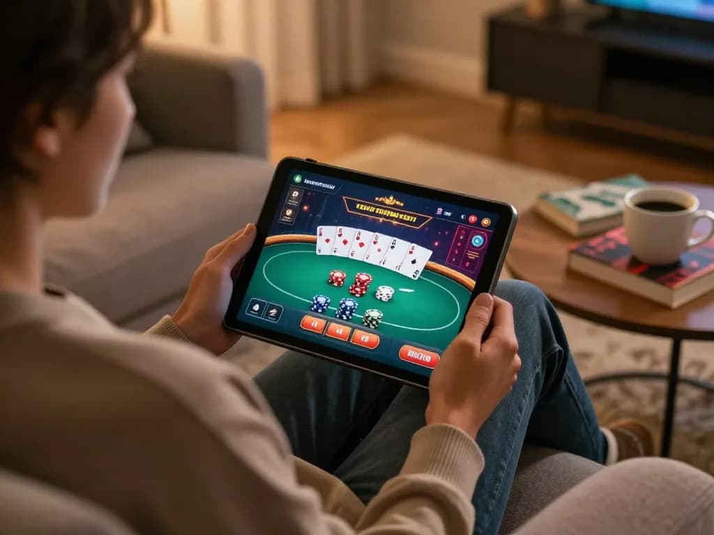 Online gaming setup at https://play-hbet.com/ showing a player engaged in poker strategy with tablet and notes.