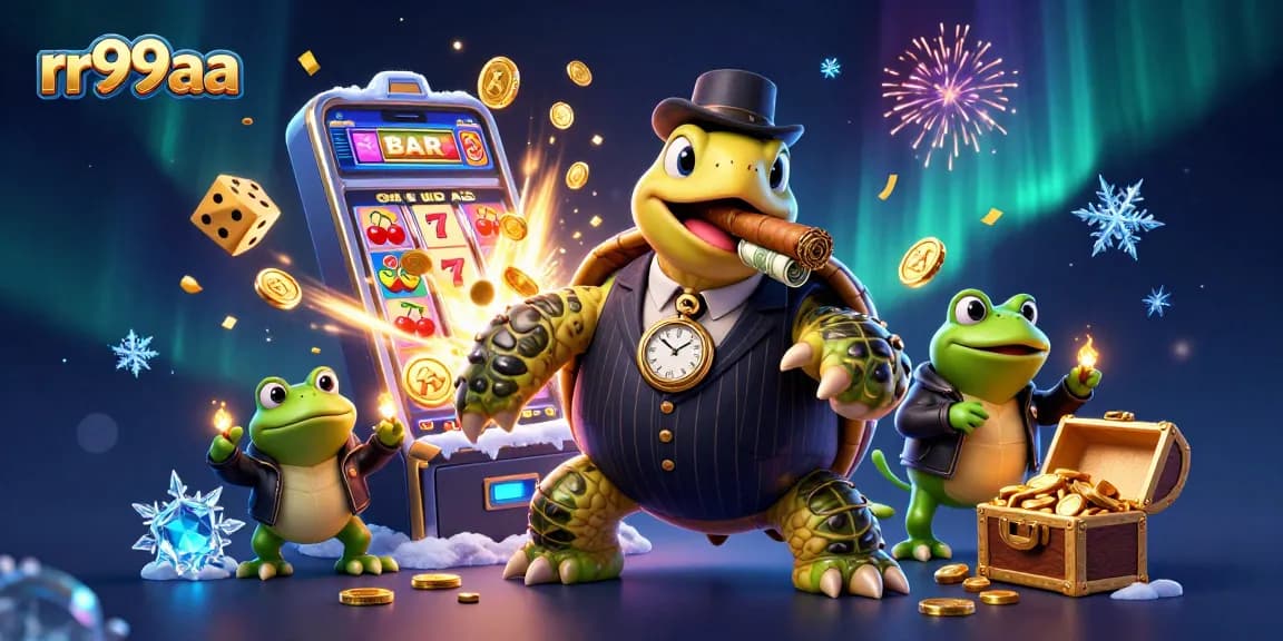 rr99aa showcases a vibrant casino scene with a mobster turtle and bullfrog enforcers.
