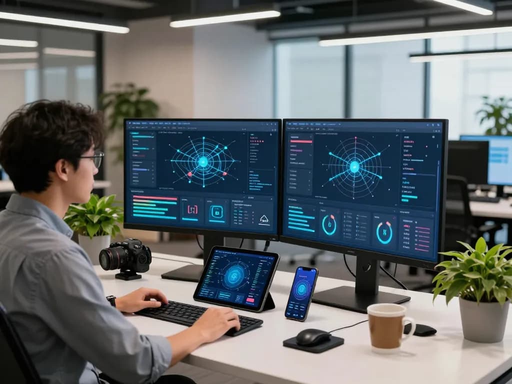 Engineer analyzing 快连 technology performance metrics in a modern workspace with dual monitors and tech gadgets