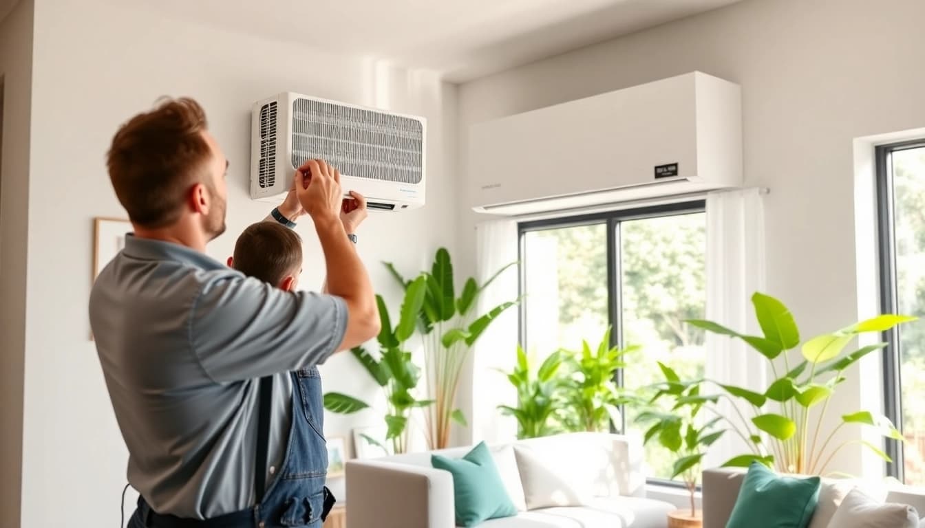 Install a mini split AC system in a stylish living room for optimal comfort.