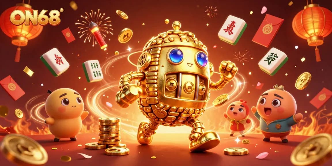 Engage in thrilling action at ON68 with a vibrant 3D casino scene blending ancient gold and modern gaming elements.