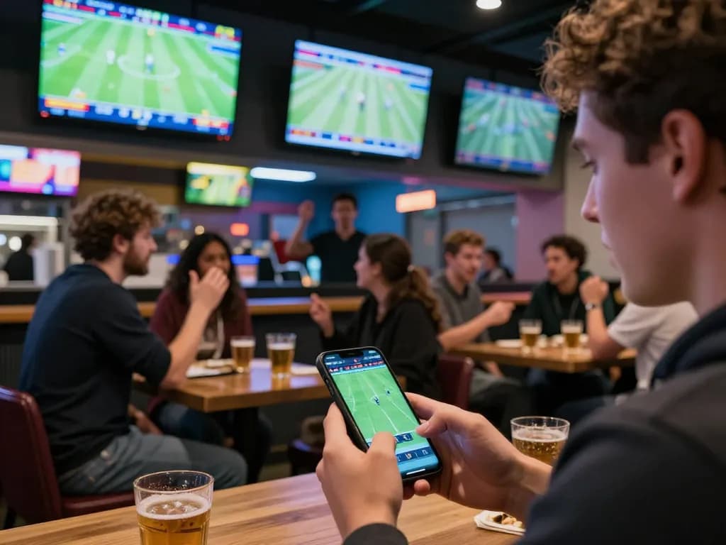 Placing strategic bets on kèo nhà cái with live sports screens in a vibrant atmosphere