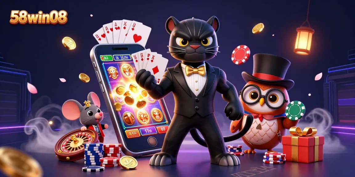 Engage with gaming excitement at 58win08 as the stylish panther elegantly deals cards, surrounded by immersive casino elements.