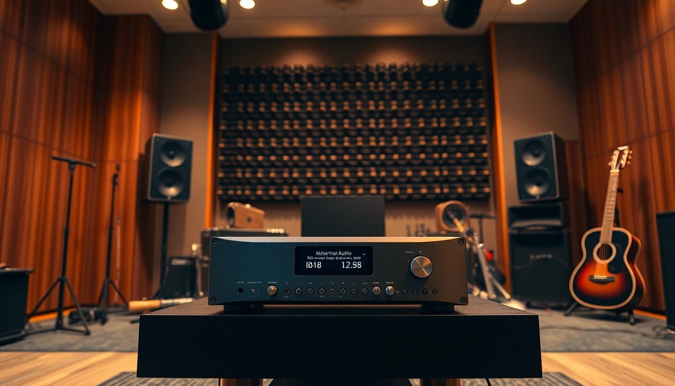 Nuforce IA +18 amplifier in a modern studio with ambient lighting and audio equipment.
