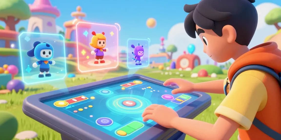 Engaging character playing mind control hentai game on vibrant touchscreen, colorful interactive elements.