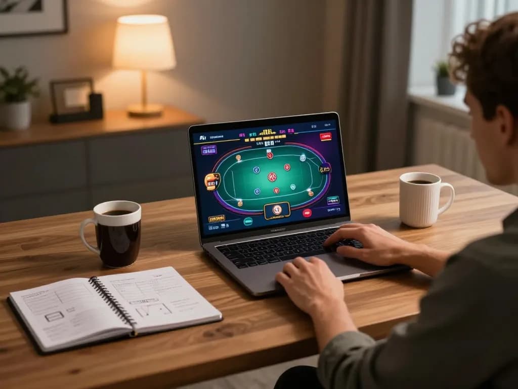 Engaging in luck8l poker gameplay from a cozy home setup with strategy notes visible.