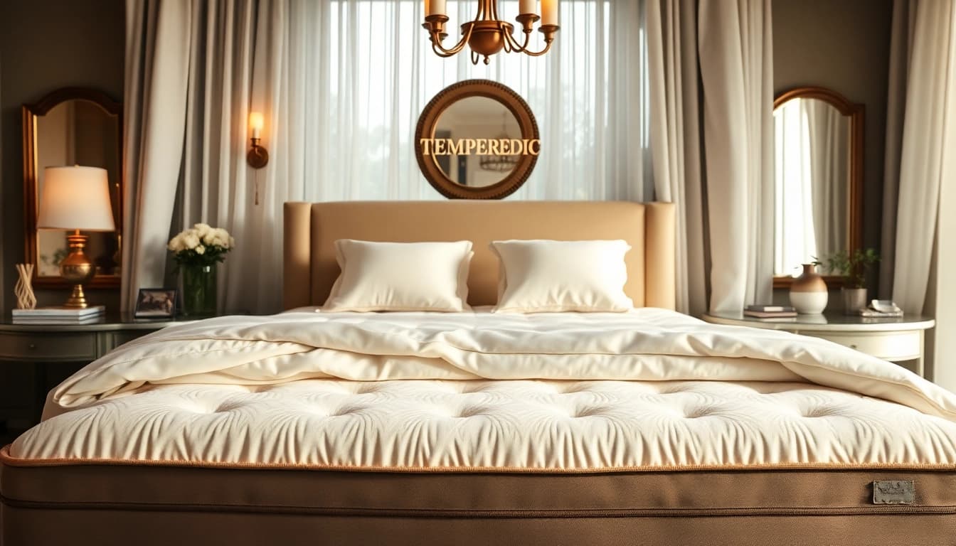 Experience the comfort of a temperpedic mattress in a tranquil and elegant bedroom setting.