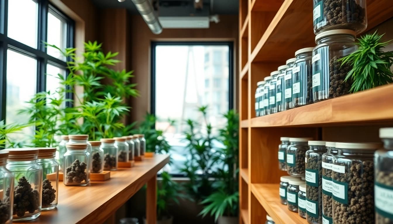 Buy High-Quality Cannabis UK in a modern shop interior displaying premium products attractively.