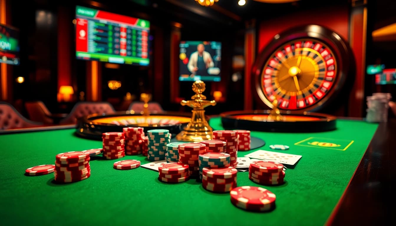 A vibrant casino scene showcasing an elegant gambling table with poker chips and cards, representing https://qq88.today/ online gaming excitement.
