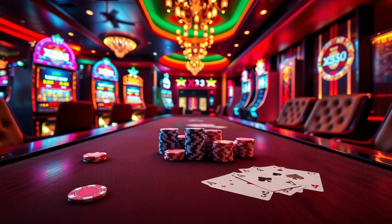 X333 players enjoying a thrilling casino experience with vibrant slot machines and poker chips.