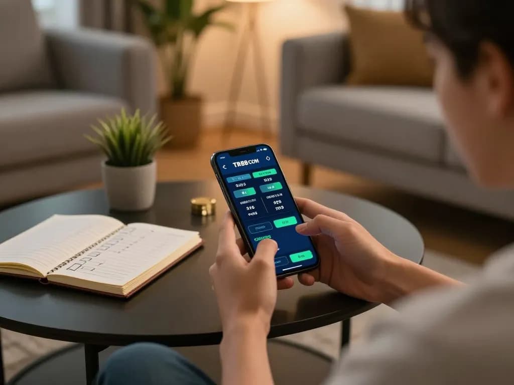 Engaging with the TR88 COM mobile app for betting strategies in a cozy living room.