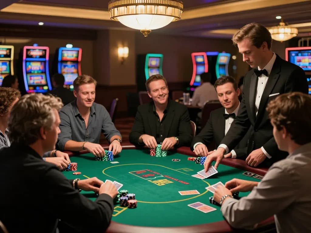Players engaging in strategic gameplay at AE888 casino's bustling poker table, showcasing dynamic action.