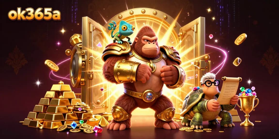 Engage in exciting gameplay at ok365a with a vibrant 3D casino scene featuring colorful characters and treasure.