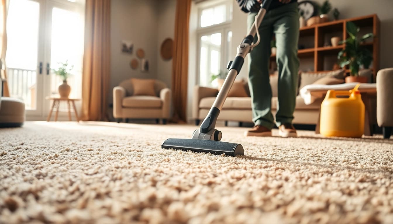 Carpet cleaners in Glasgow performing professional carpet cleaning in a stylish living room.