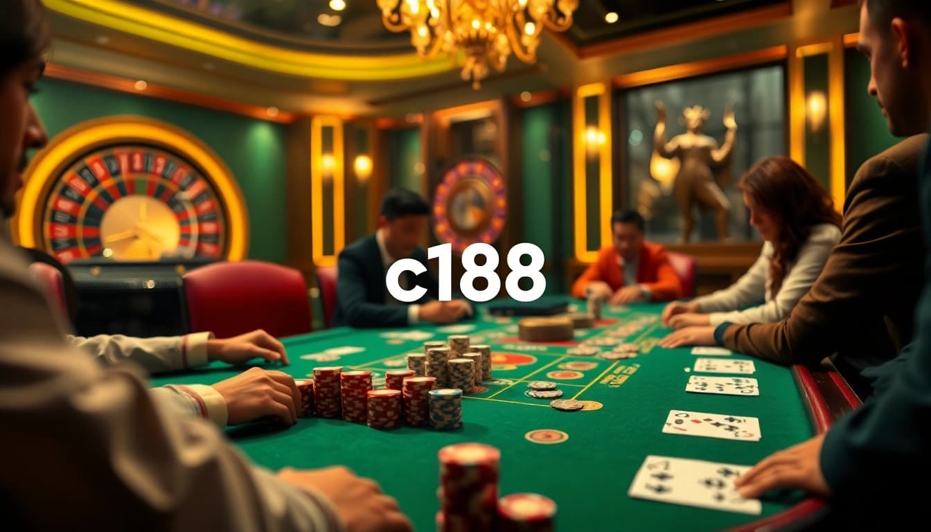 C168 immersive casino experience featuring players at a poker table with vibrant chips and cards.