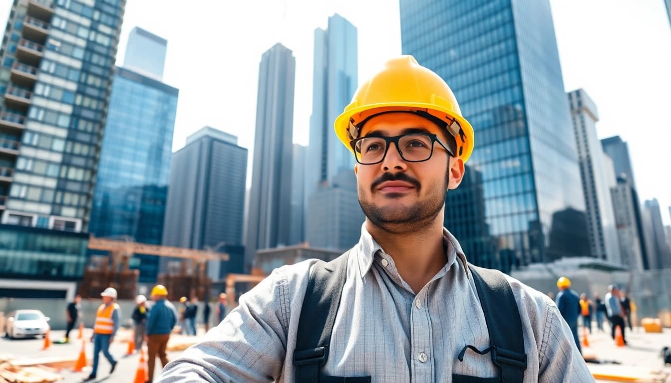New York General Contractor overseeing a diverse team at a bustling urban construction site.