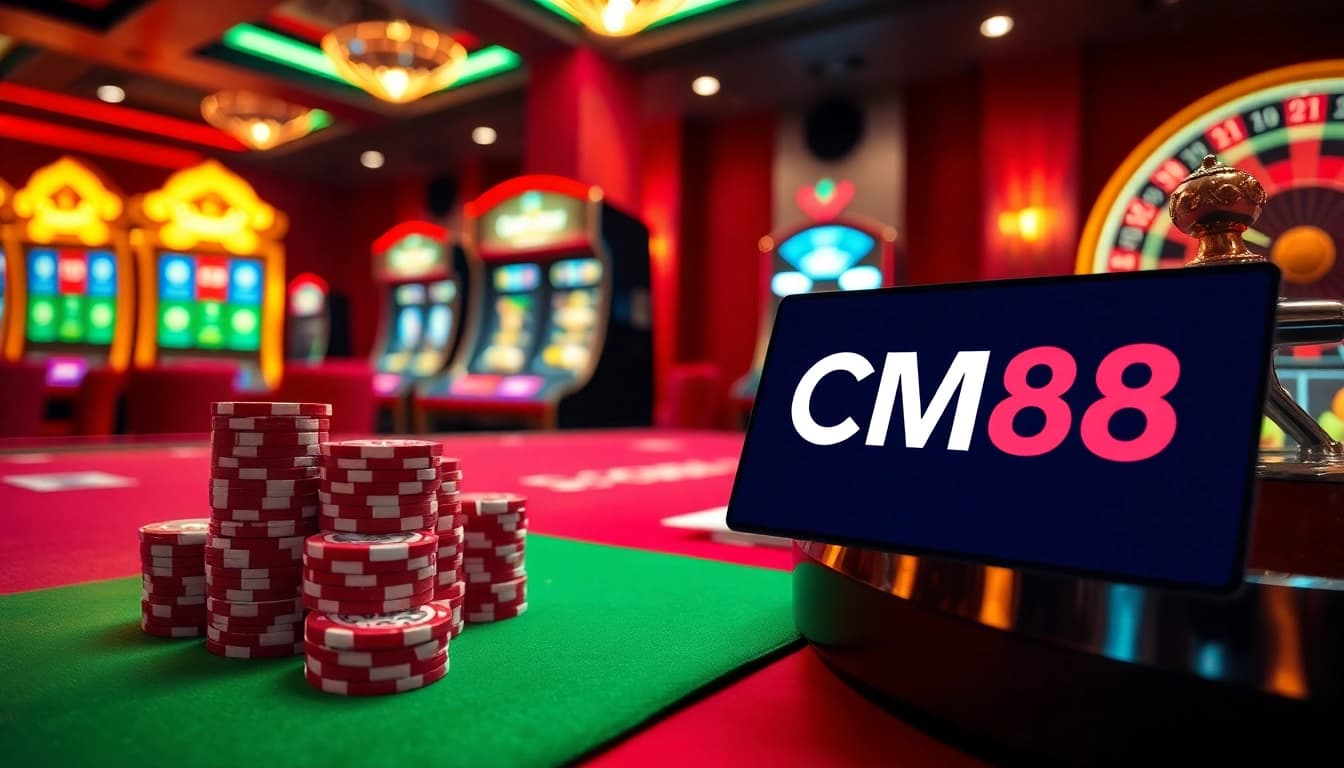 Experience high-stakes gaming at cm88 with a vibrant casino table setup featuring poker and roulette.