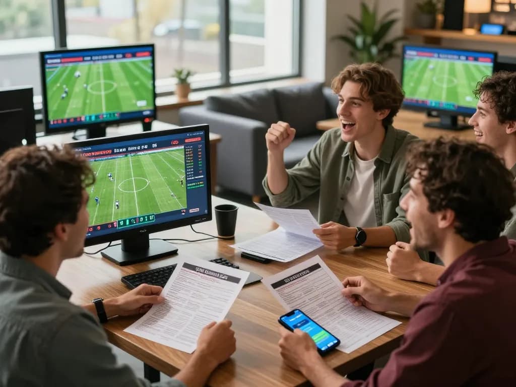 Friends engaging in sports betting at 7m sportsbook, celebrating live game updates and real-time odds.