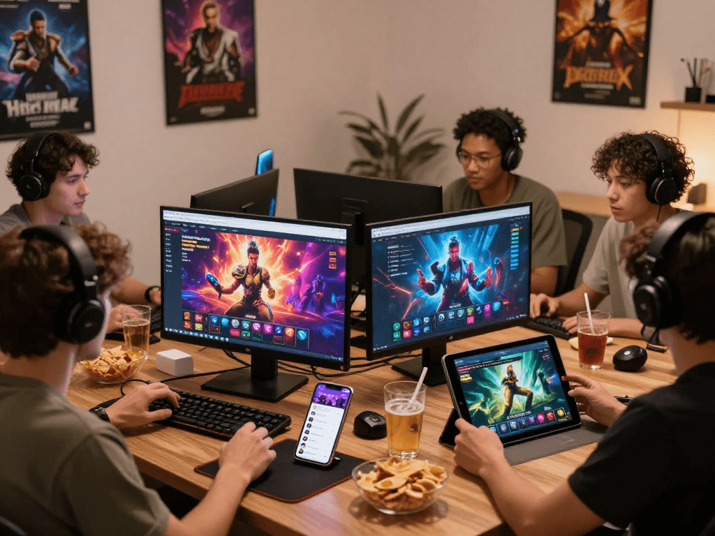 Engaged players exploring exciting porn games HTML in a vibrant gaming environment, showcasing diverse devices.