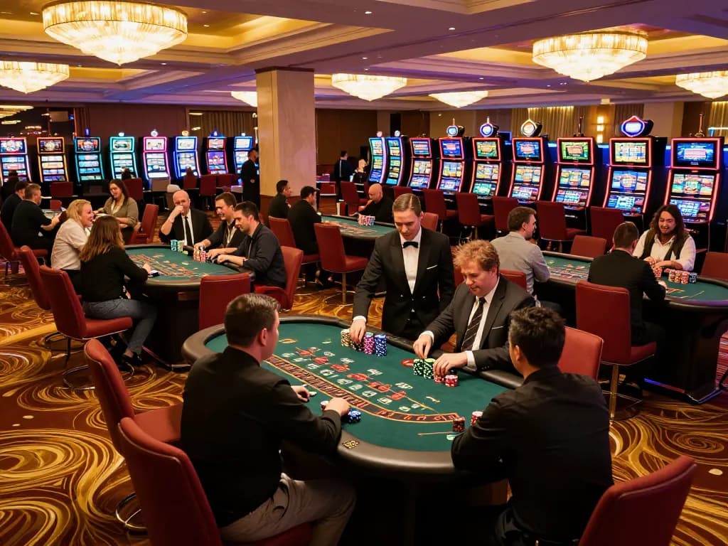 Engaged players strategizing at a blackjack table within a lively casino scene at https://mm88.green/