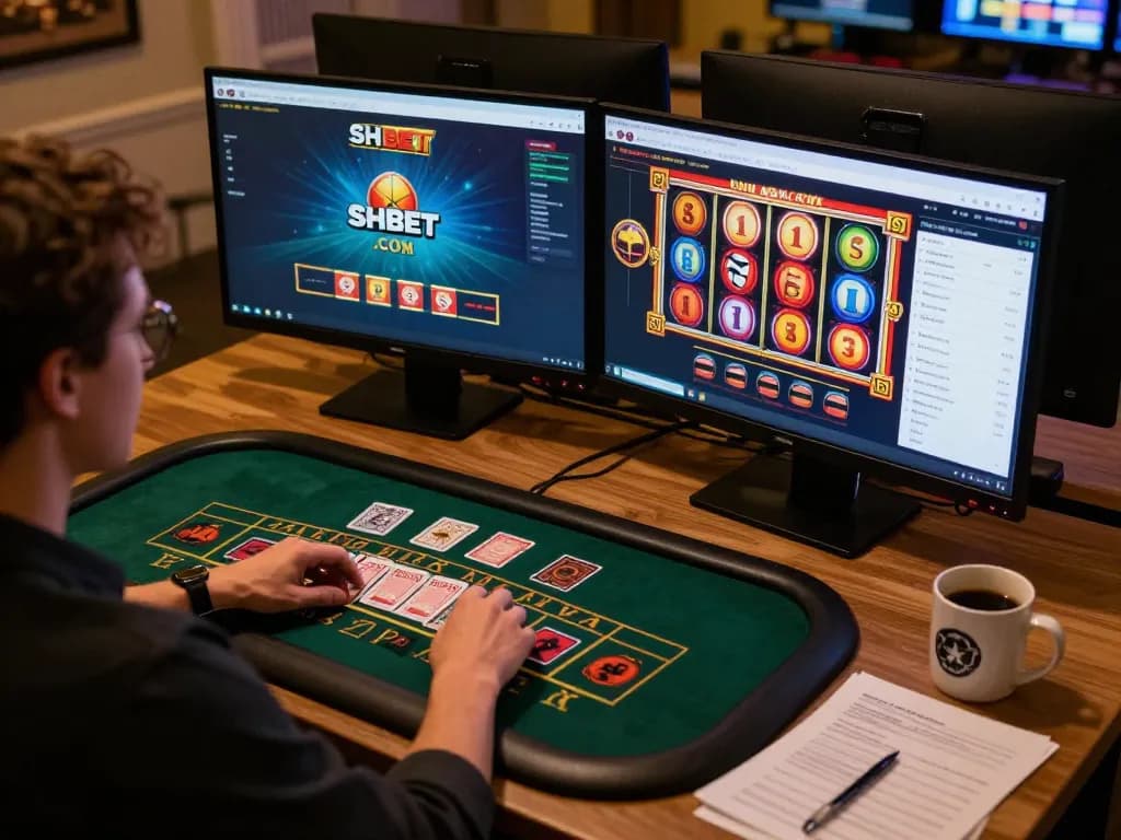 Engaging online gambling session at SHBET .COM with blackjack and slots on dual screens.