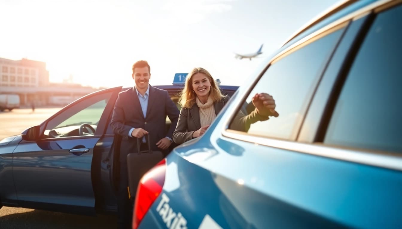 Heathrow airport taxi loading passengers, symbolizing travel convenience and service.