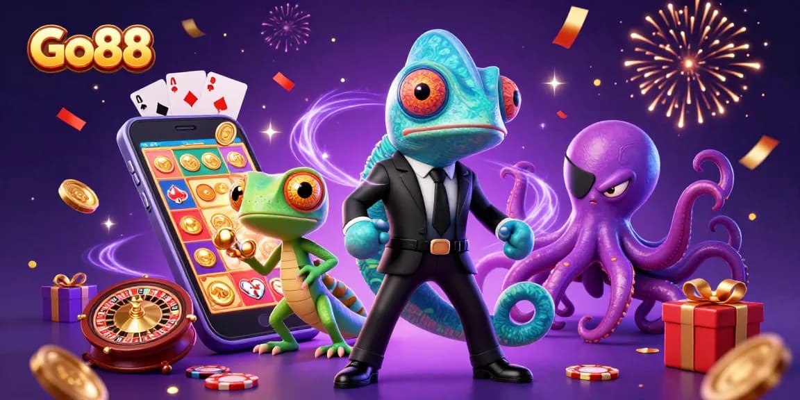 Engage with Go88's thrill, featuring a colorful slot game scene with vibrant casino elements.