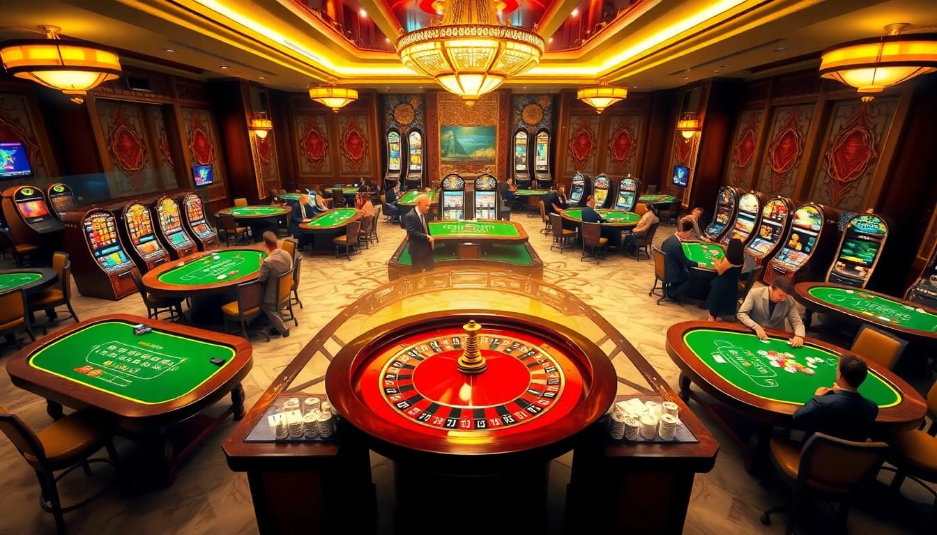 Experience the excitement of Trang chủ U888 with glamorous casino visuals featuring roulette wheels and slot machines.