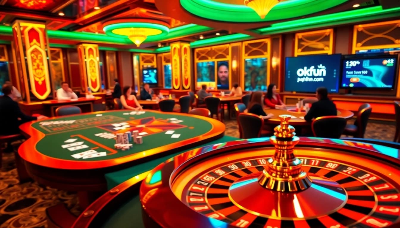 A lively scene of an online gambling experience at okfun.jpn.com, showcasing poker games and roulette in a luxurious casino environment.