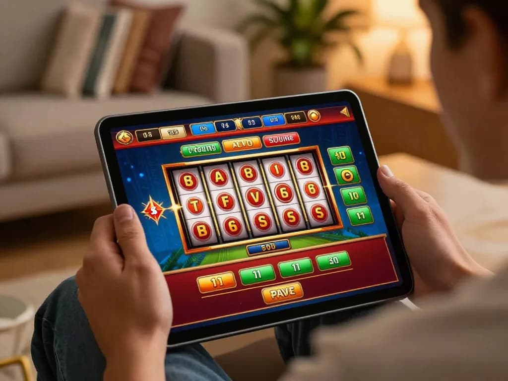 Player enjoying 23win casino games on a tablet in a cozy home setting with engaging graphics.