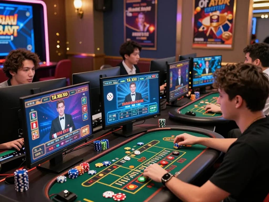Players enjoying tài xỉu online in a vibrant virtual casino setting, showcasing excitement and engagement in modern gaming.