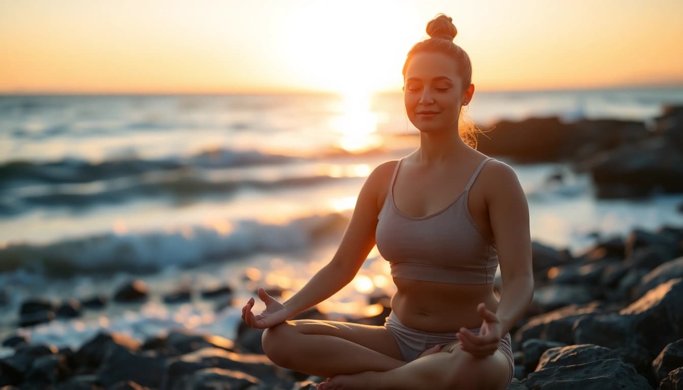 Practicing mental wellness through meditation on a serene beach at sunset.