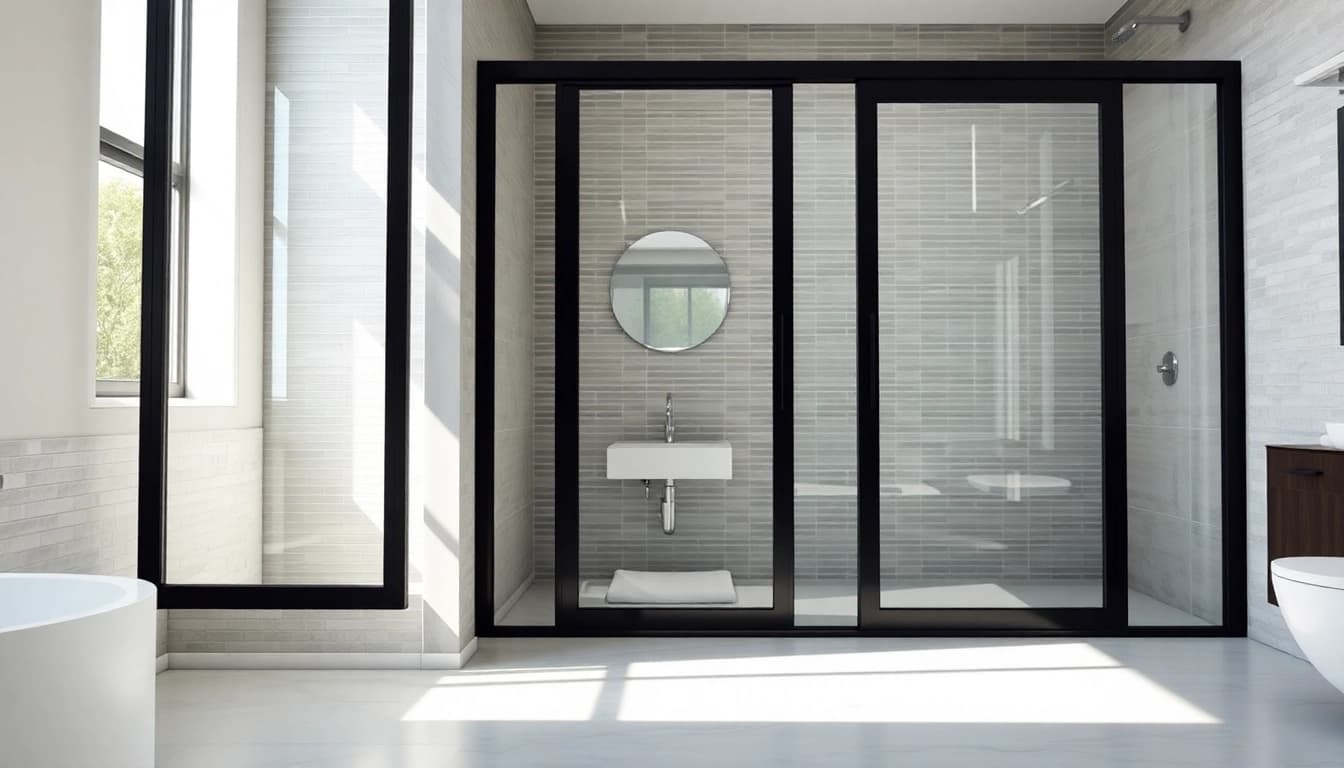 Showcasing black frame shower doors elegantly framing a modern bathroom shower design.