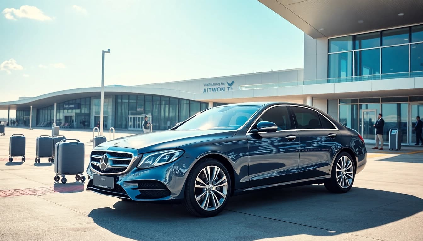 Gatwick airport car service with modern terminal architecture and a sleek parked vehicle.