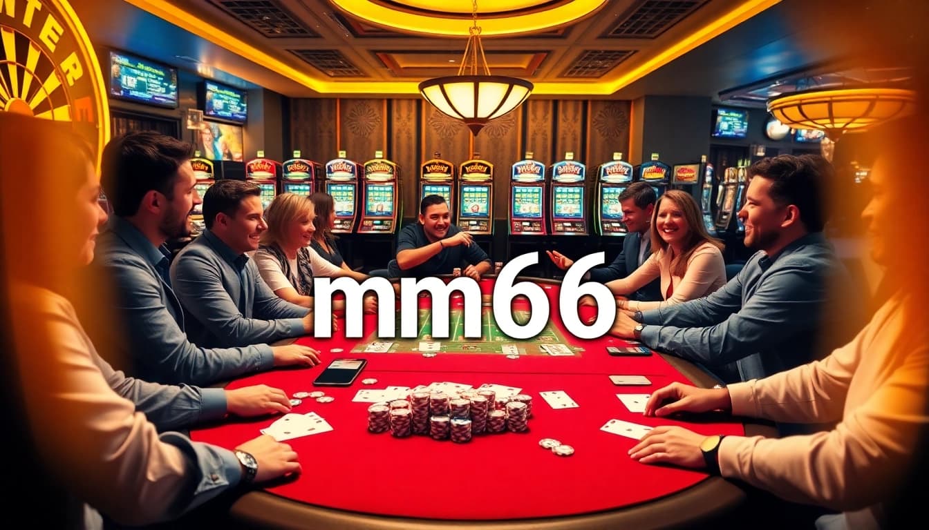 Experience an exciting poker game at mm66 casino with lively players and vibrant chips.