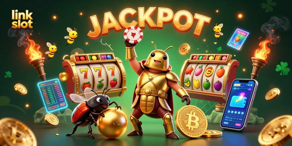 Experience thrilling victories with link slot in this vibrant 3D illustration showcasing dynamic casino elements.