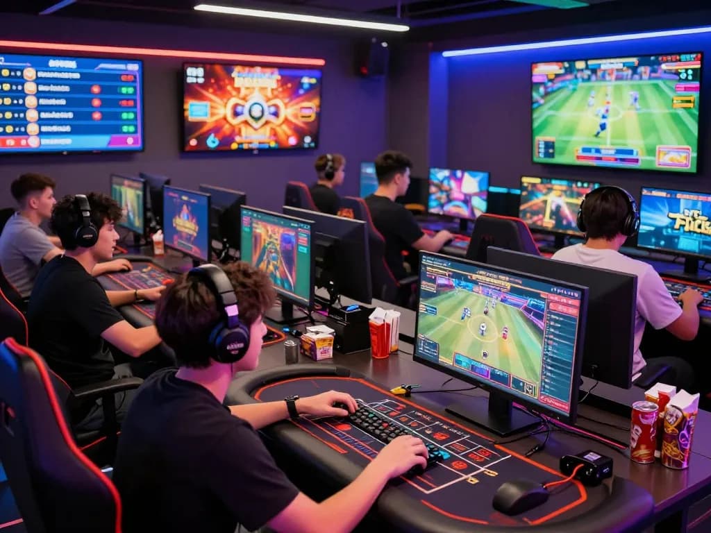 A diverse group of gamers enjoying the Hit Club gaming experience with engaging visuals and vibrant atmosphere.