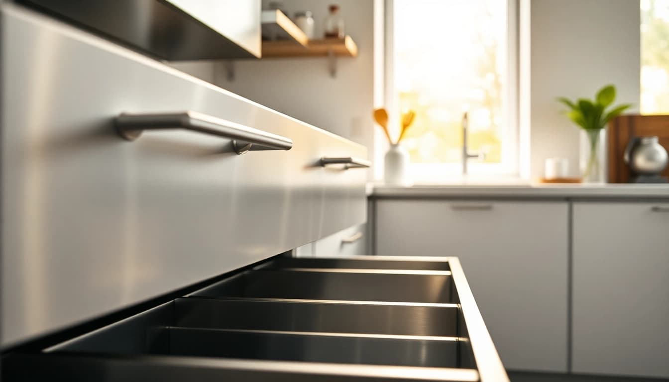 Showcasing a modern metal drawer system with polished features and seamless glide mechanisms.