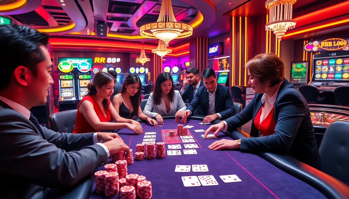 Experience the thrill of RR 88 poker at a luxurious casino table, illuminated with glamorous lights and vibrant chips.