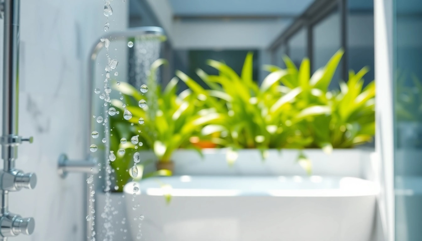 Experience elegant showers in a modern bathroom with vibrant plants and sleek fixtures.