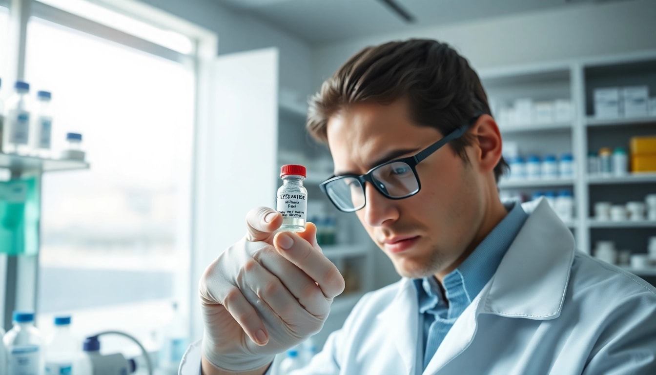 Tirzepatide being examined by a professional researcher in a modern lab setting.