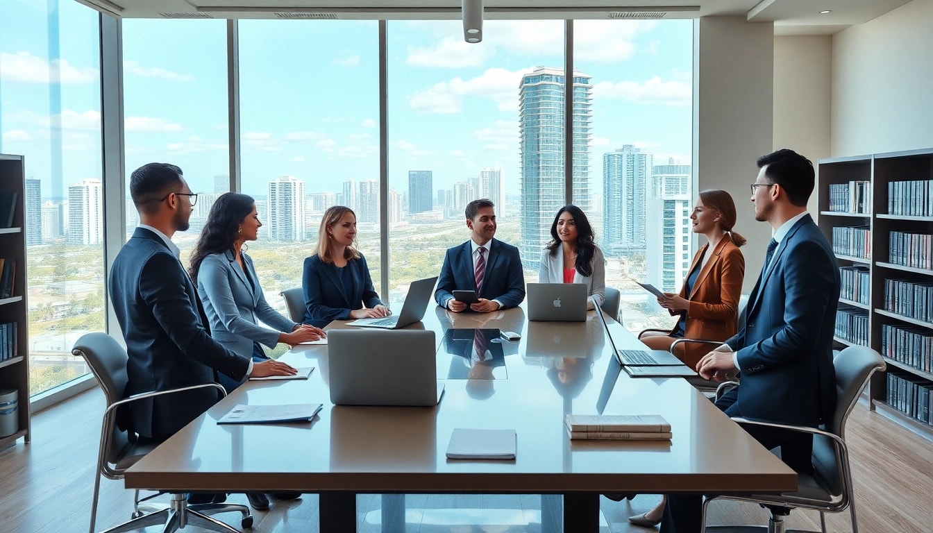 Business lawyer in the US consulting clients in a modern Miami law office.
