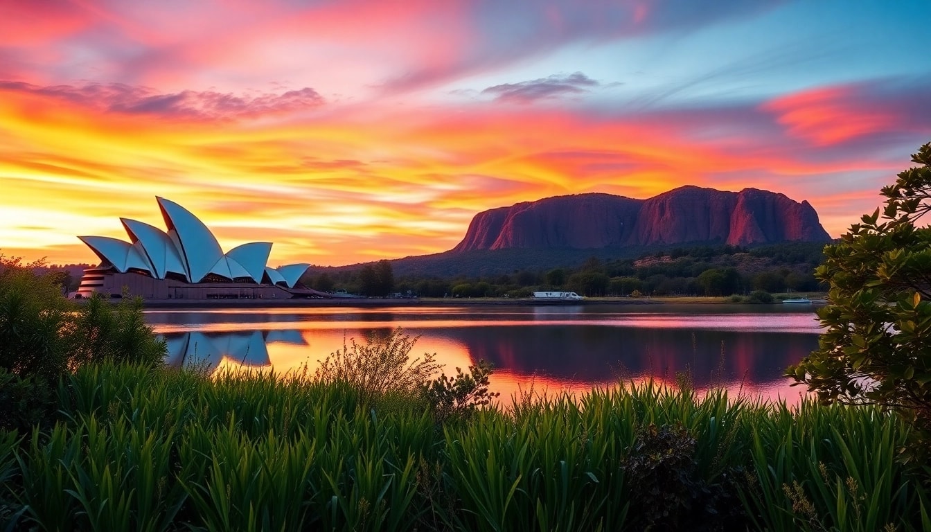 Experience the stunning landscapes of Australia with Sydney's Opera House and Uluru at sunset.