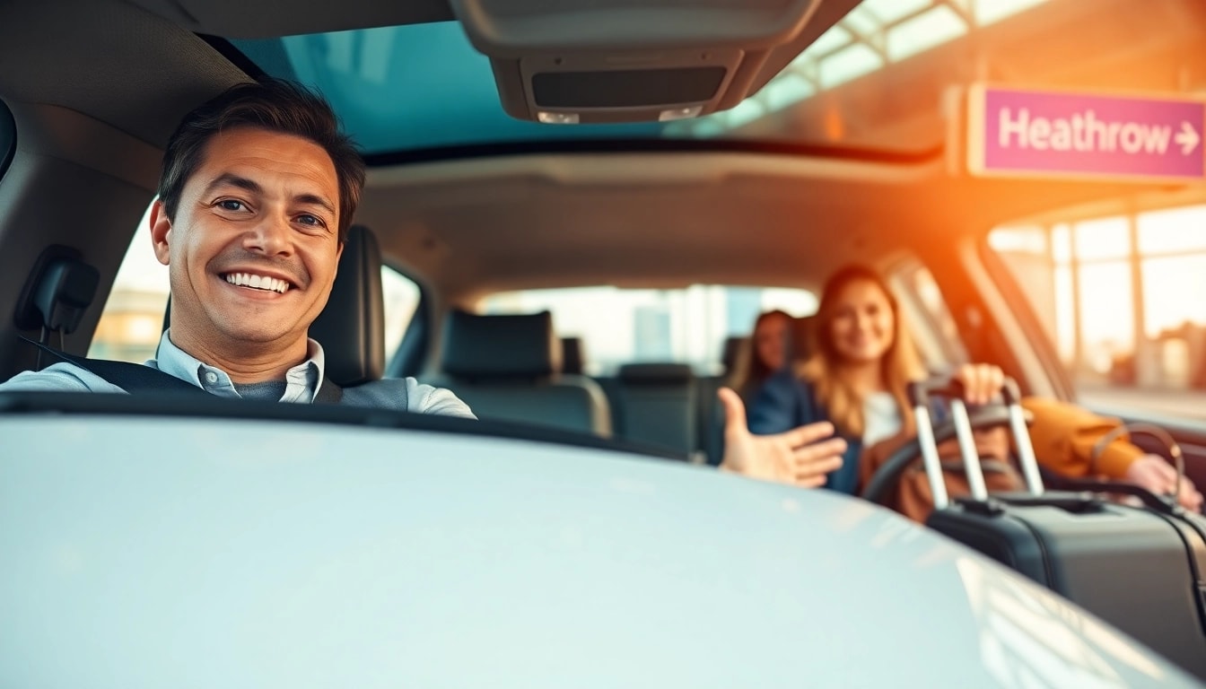 Taxi Nottingham to Heathrow Airport with a professional driver welcoming passengers at the terminal.