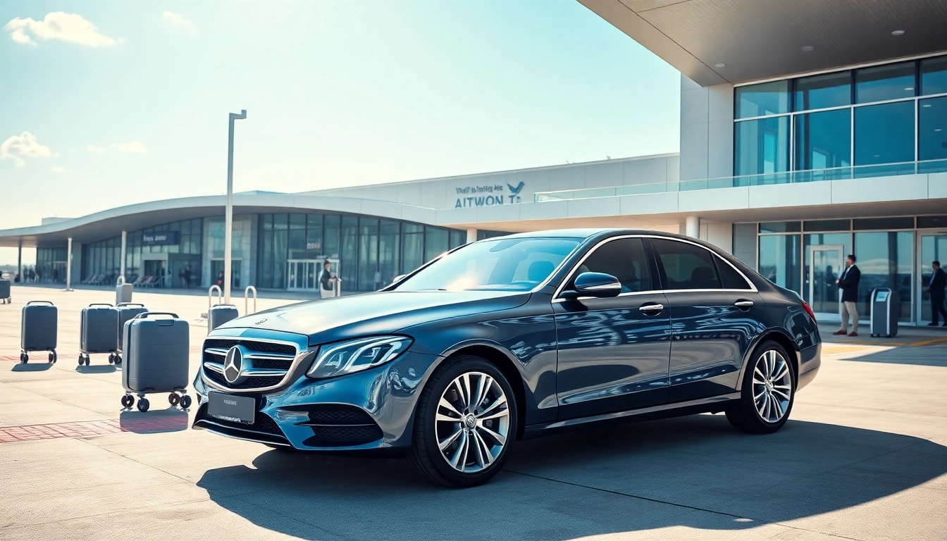 Gatwick airport car service with modern terminal architecture and a sleek parked vehicle.